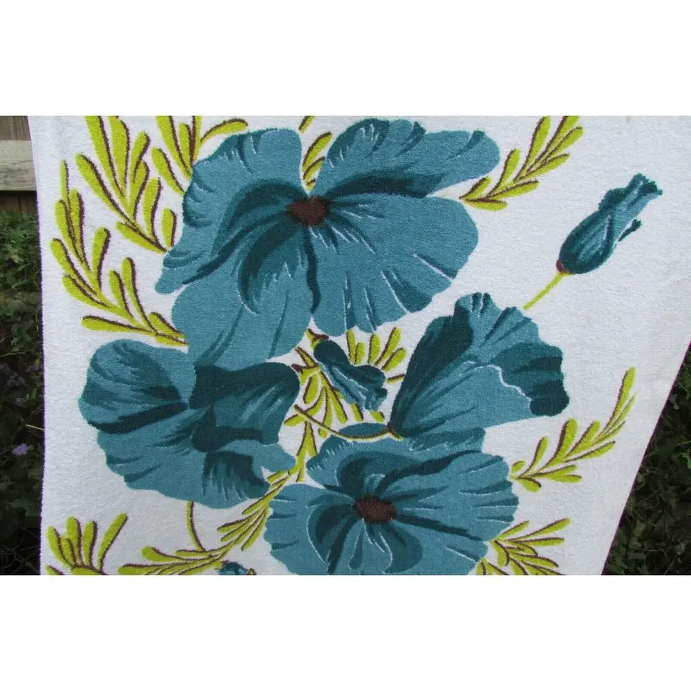 Dundee Oversize Beach Towel Hand Printed Bold Blue Green Floral 60x27 Vintage